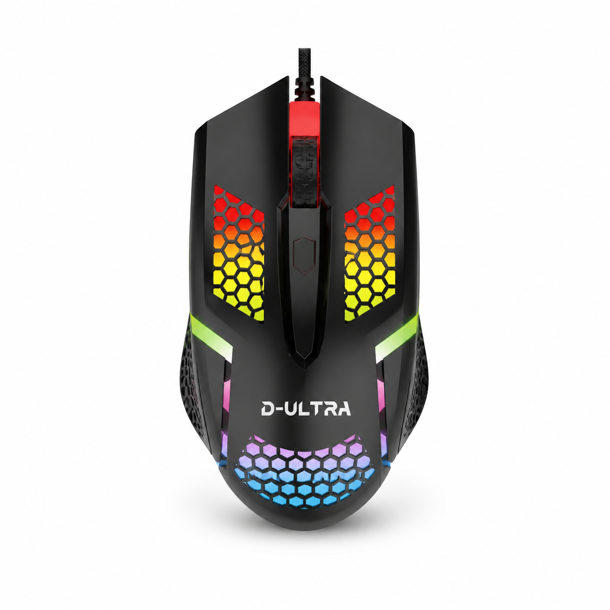 Mouse gamer alámbrico RGB negro sobre fondo blanco